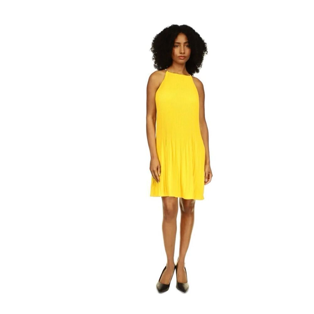 🌻 Michael Kors Women’s Dandelion Yellow Pleated Dress With Logo Strap XS